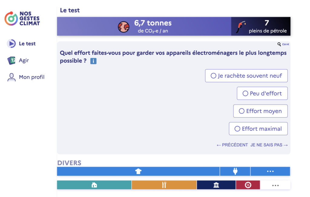 Capture-écran du questionnaire Nos Gestes Climats permettant de calculer son empreinte carbone personnelle